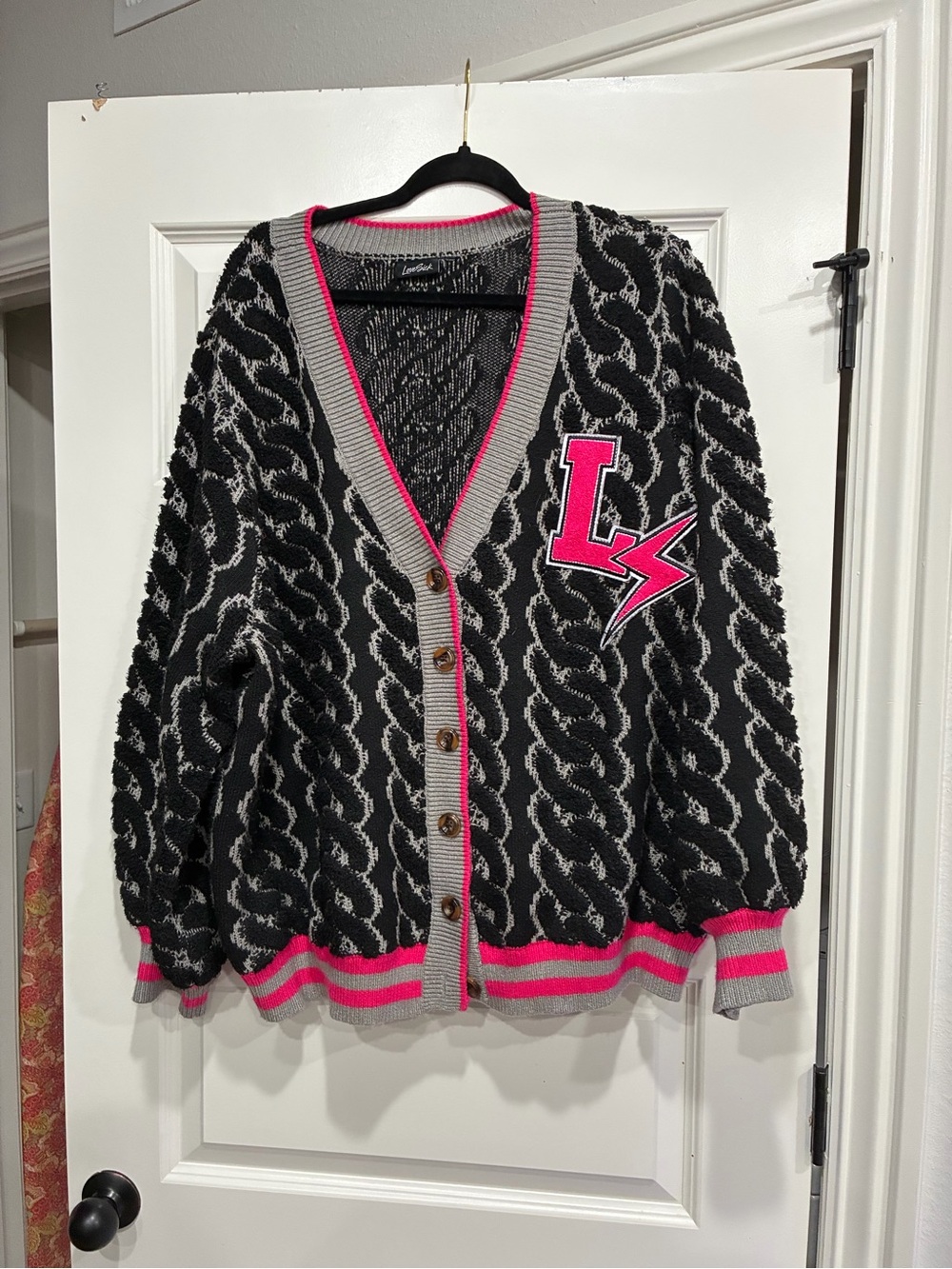 Lovesick Black & Gray Cable Cardigan with Hot Pink Trim